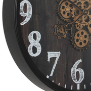 60cm round black wall clock with exposed gold moving cogs and Roman numeral industrial design