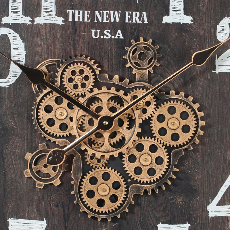 60cm round black wall clock with exposed gold moving cogs and Roman numeral industrial design