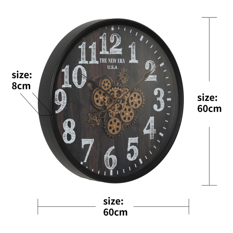 60cm round black wall clock with exposed gold moving cogs and Roman numeral industrial design