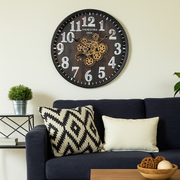60cm round black wall clock with exposed gold moving cogs and Roman numeral industrial design
