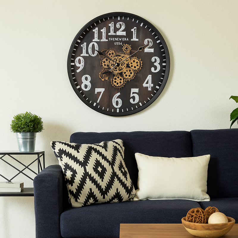 60cm round black wall clock with exposed gold moving cogs and Roman numeral industrial design