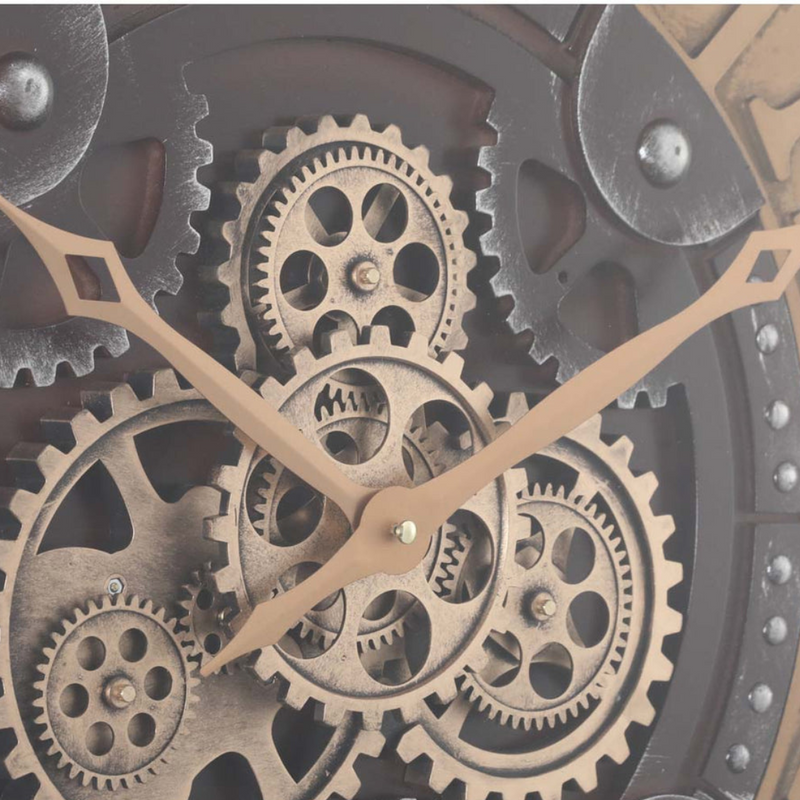 Round Persian 80cm Wall Clock in Rustic Silver with Exposed Gears and Roman Numerals – Oversized Vintage Industrial Clock