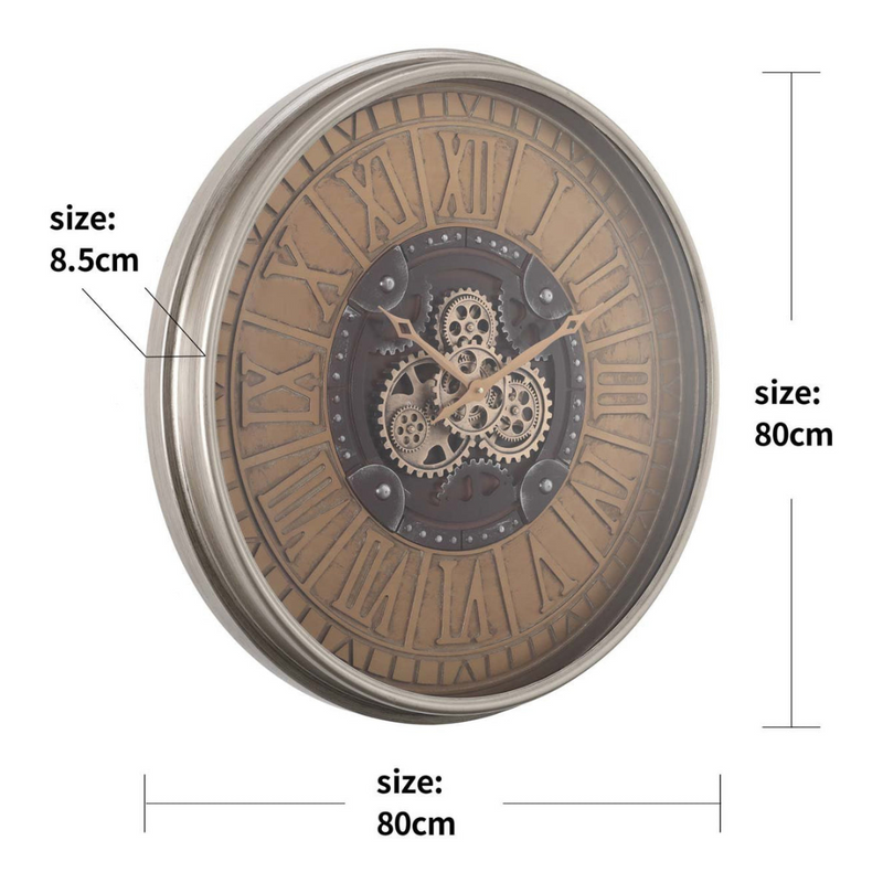 Round Persian 80cm Wall Clock in Rustic Silver with Exposed Gears and Roman Numerals – Oversized Vintage Industrial Clock