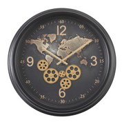 53cm round black wall clock with exposed gears and world map design in industrial style