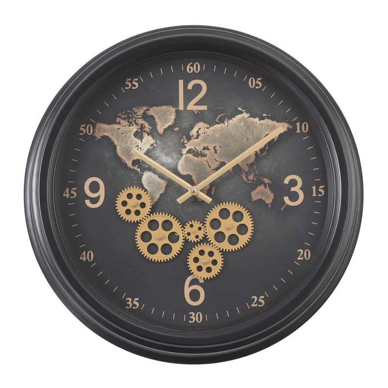 53cm round black wall clock with exposed gears and world map design in industrial style