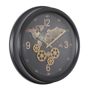 53cm round black wall clock with exposed gears and world map design in industrial style