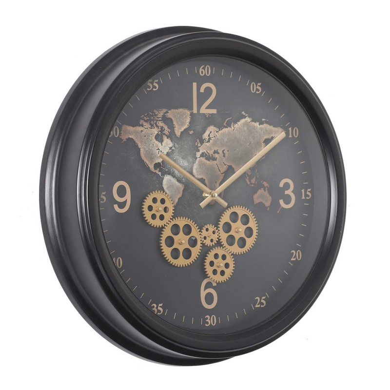 53cm round black wall clock with exposed gears and world map design in industrial style