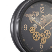 53cm round black wall clock with exposed gears and world map design in industrial style