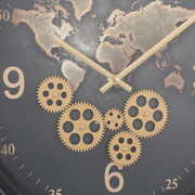 53cm round black wall clock with exposed gears and world map design in industrial style
