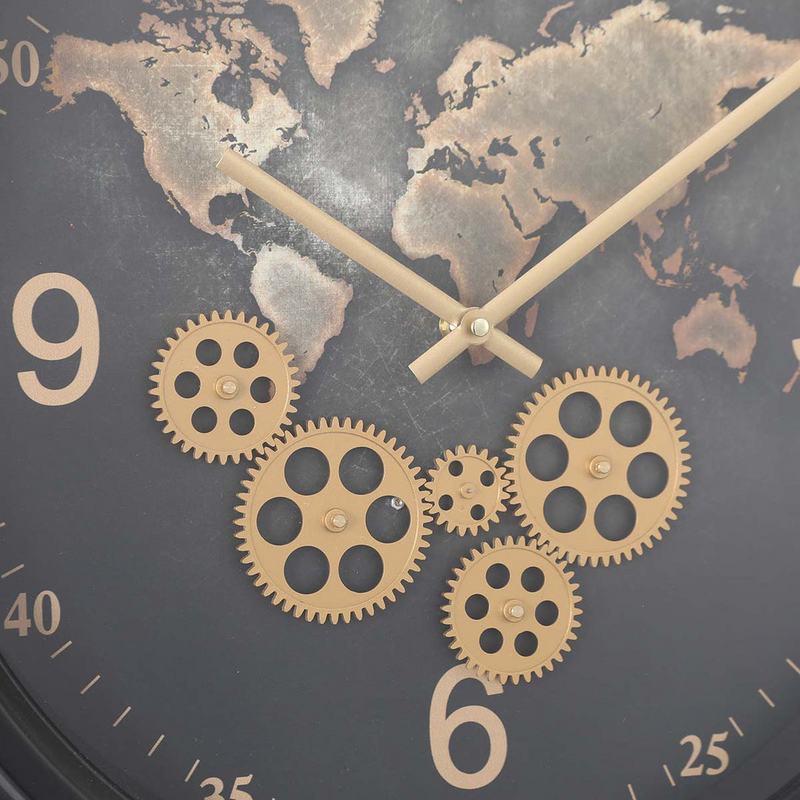53cm round black wall clock with exposed gears and world map design in industrial style