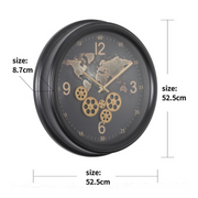 53cm round black wall clock with exposed gears and world map design in industrial style