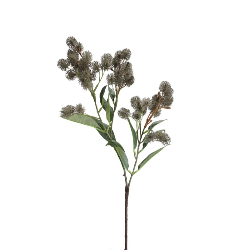 Grey pompom spray with leaves 76cm artificial floral stem