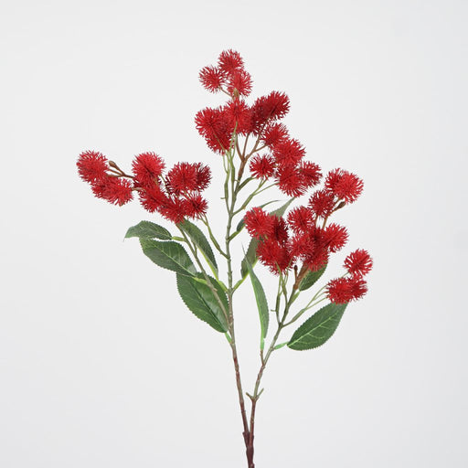 Red pompom spray with leaves 76cm artificial flower stem
