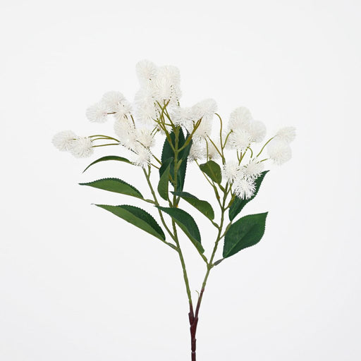 White pompom spray with leaves 76cm artificial flower stem