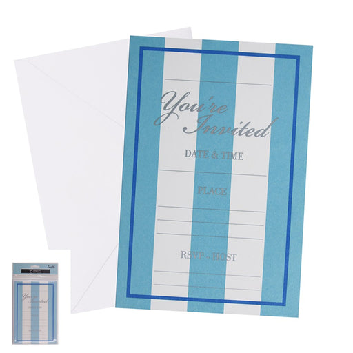 Blue striped party invitations with envelopes