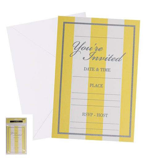 Yellow striped party invitations with envelopes