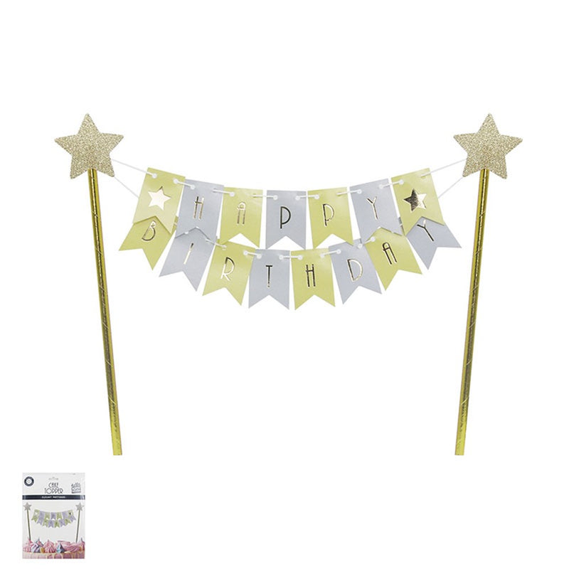 Yellow Happy Birthday bunting cake topper
