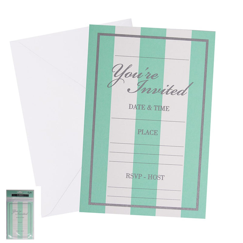 Mint striped party invitations with envelopes