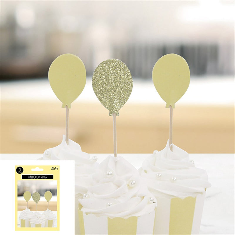 Yellow and champagne balloon cake picks