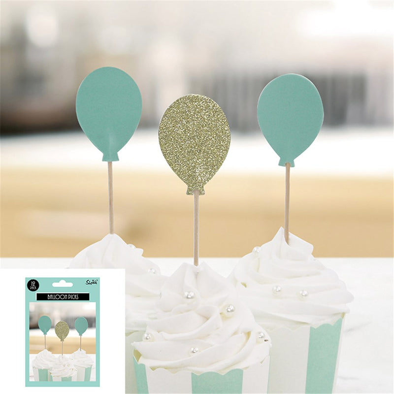 Mint and champagne balloon cake picks
