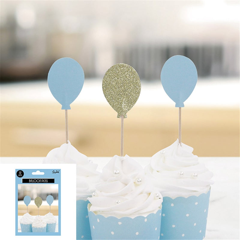 Blue and champagne balloon cake picks