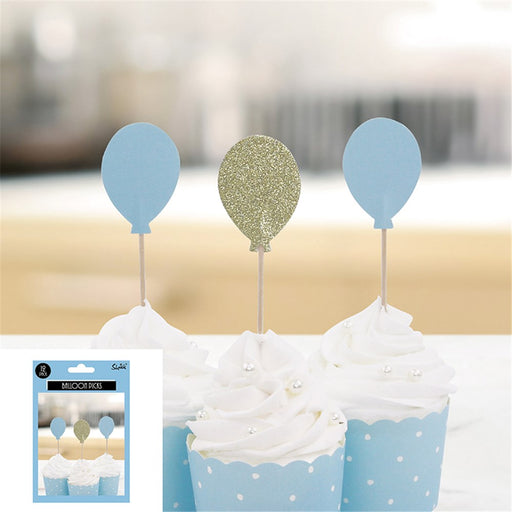 Blue and champagne balloon cake picks