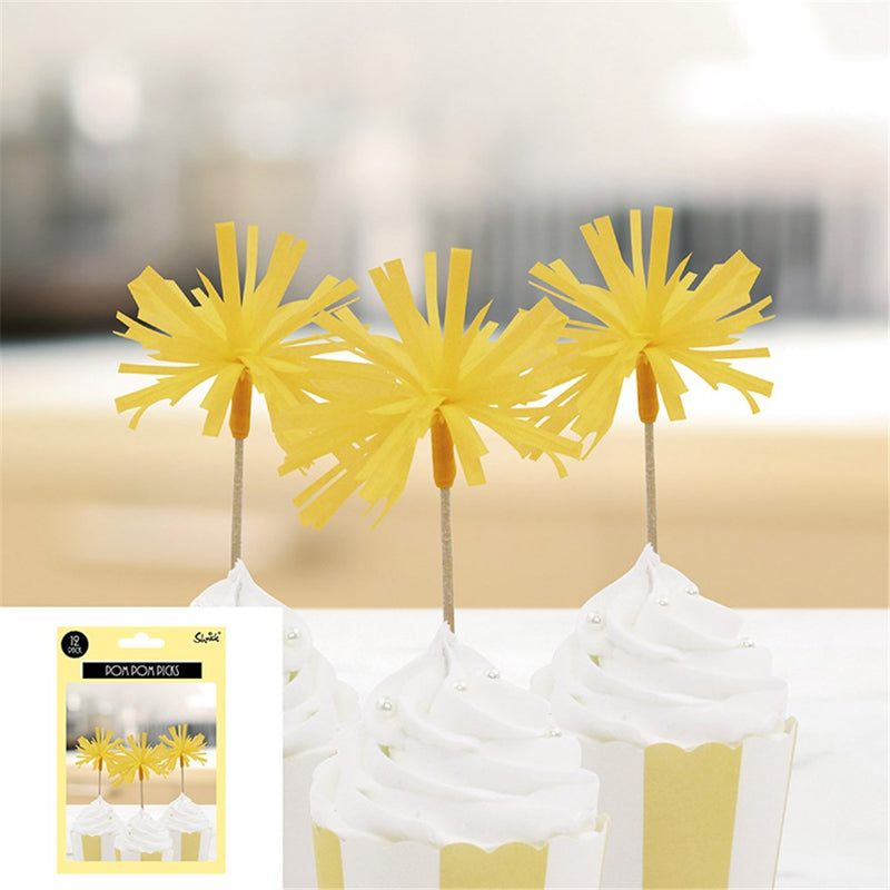 Yellow pom pom food picks 12 pack
