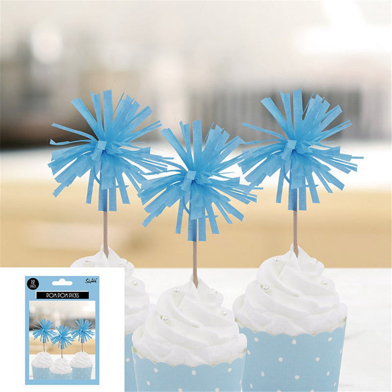 Blue pom pom food picks 12 pack