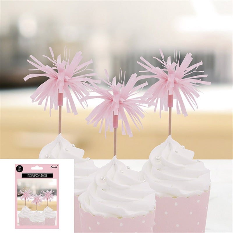 Pink pom pom food picks 12 pack