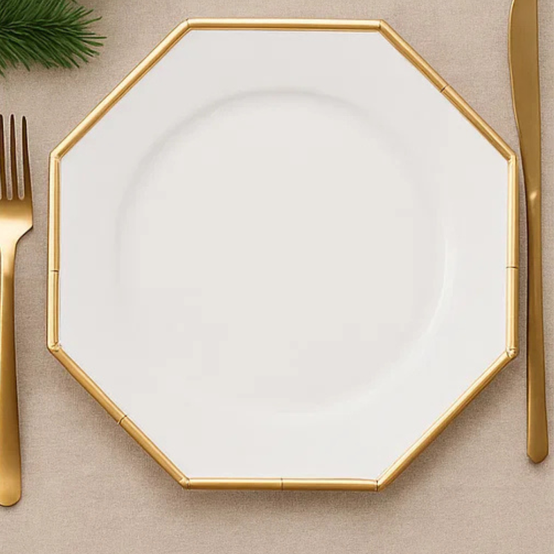 WHITE OCTAGONAL CHARGER PLATE W/CHAMPAGNE RIM 33CM