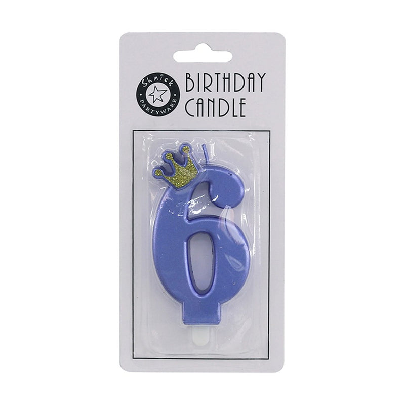 Number 6 blue metallic candle