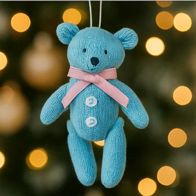 Blue Fabric Teddy Hanging Christmas Deco 21cm