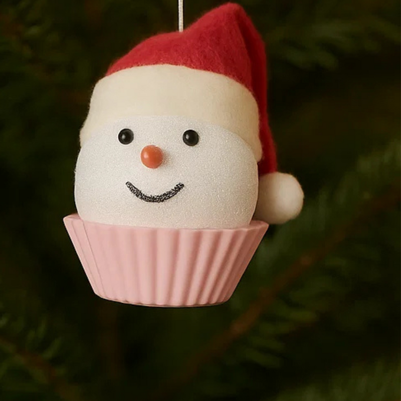 Christmas Tree Decoration Snowman Cupcake in Pink Base 6cm