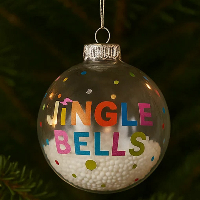 Christmas Bauble Jingle Bells Print on Glass Filled with Snowballs 10cm