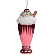 Decorative pink ice cream sundae ornament on a white background