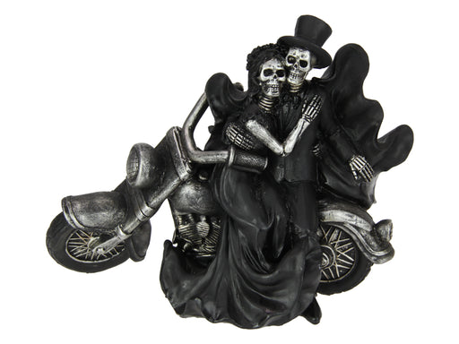 Skeleton bride and groom on motorcycle statue