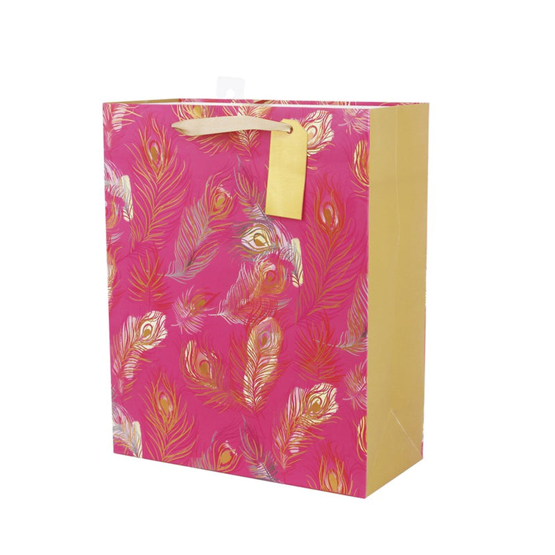 Large gift bag with peacock feather print
