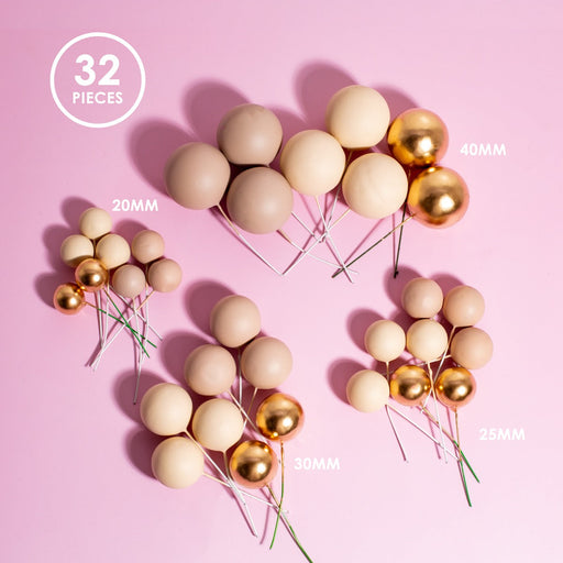 Set of 32 gold spherical cake toppers assorted sizes
