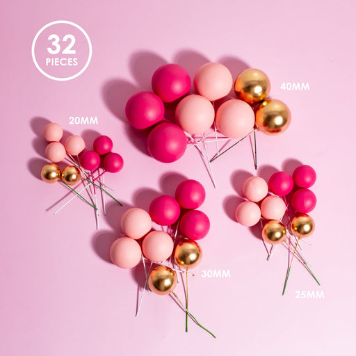 Set of 32 pink spherical cake toppers assorted sizes