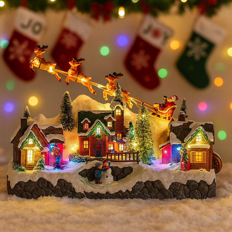 Santa on sleigh above Christmas LED village with music and moving function, 34x18x27.5cm holiday display