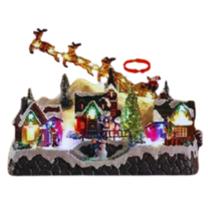 Santa on sleigh above Christmas LED village with music and moving function, 34x18x27.5cm holiday display