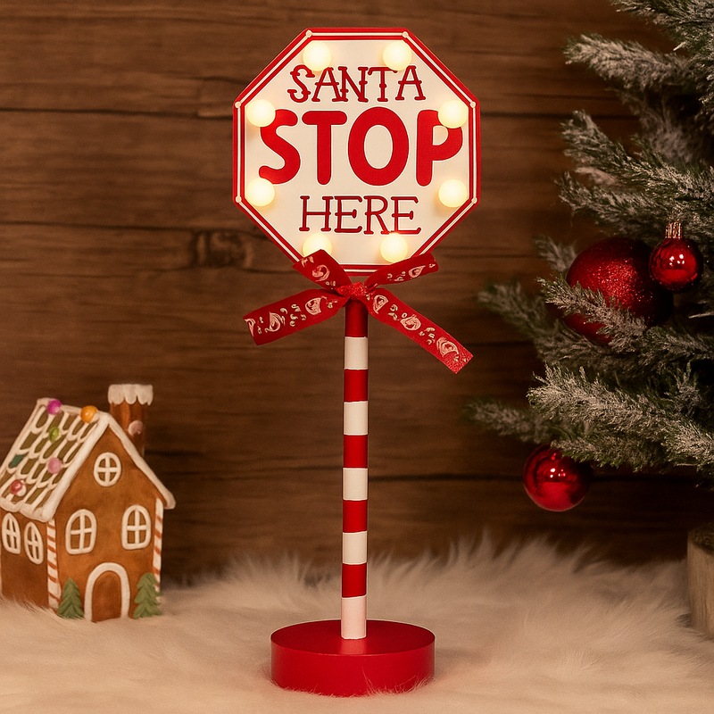 Santa Stop Here light-up Christmas sign 30.5cm with festive design