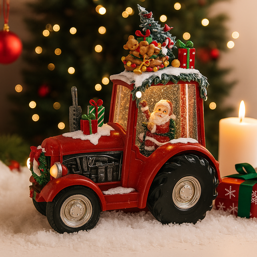 Santa driving red tractor with gifts for Christmas decoration