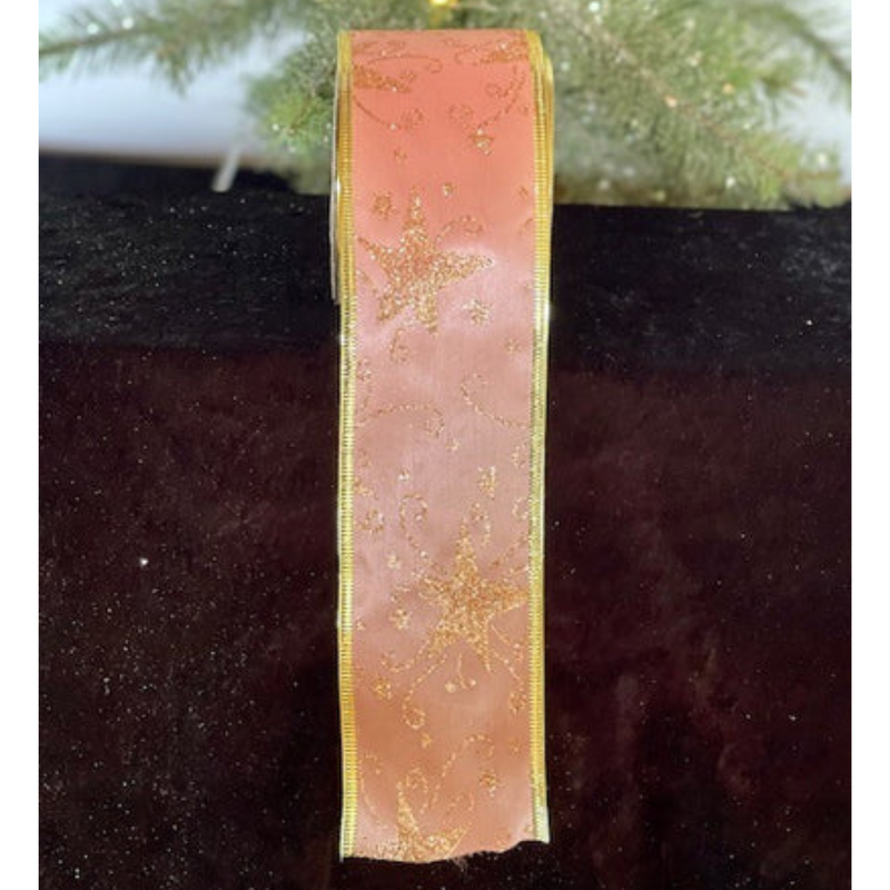 Ronis Satin Ribbon Glitter Pattern Wire Edge 6.3x1000cm Pink