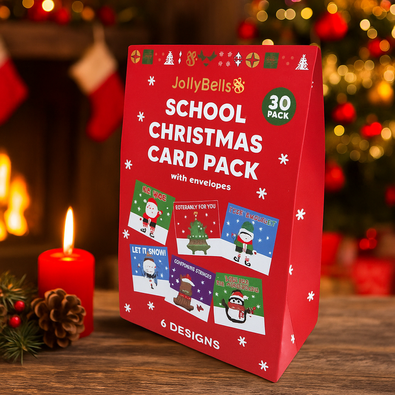 30-pack of colourful school Christmas cards with assorted festive designs for kids