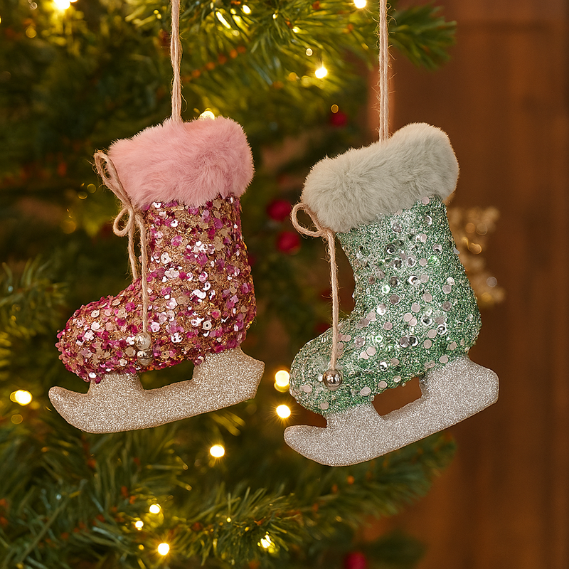 Assorted Sequin Ice Skate Tree Ornament 11x11x5.5cm in Pale Pink and Mint for Christmas decoration