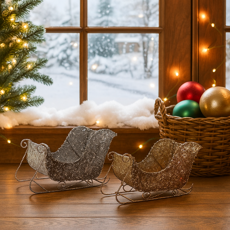 Large assorted Christmas sleigh decorations with sparkling sequin finish – festive accent for holiday displays or gift setups