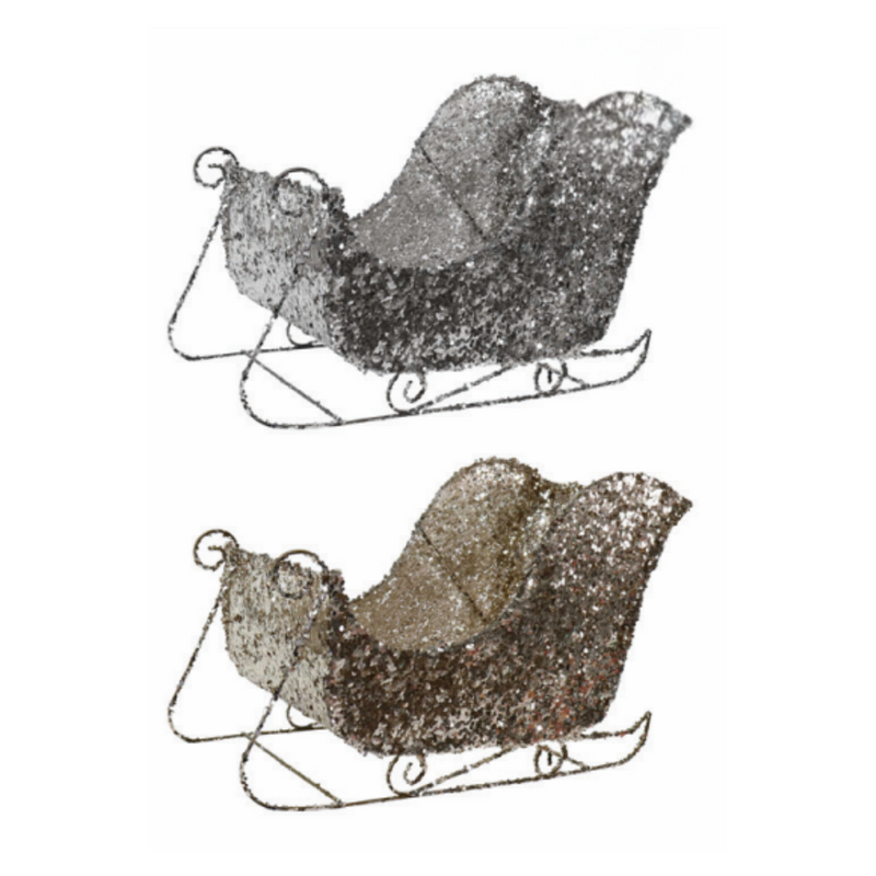 Large assorted Christmas sleigh decorations with sparkling sequin finish – festive accent for holiday displays or gift setups
