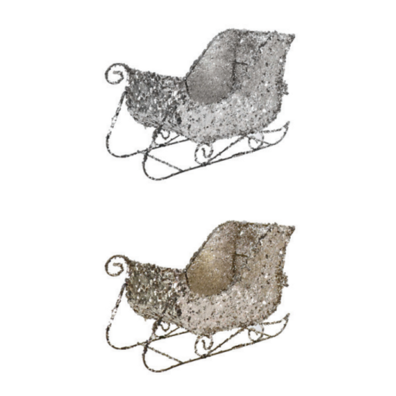 Small assorted Christmas sleigh decorations covered in festive sequins – perfect for holiday displays