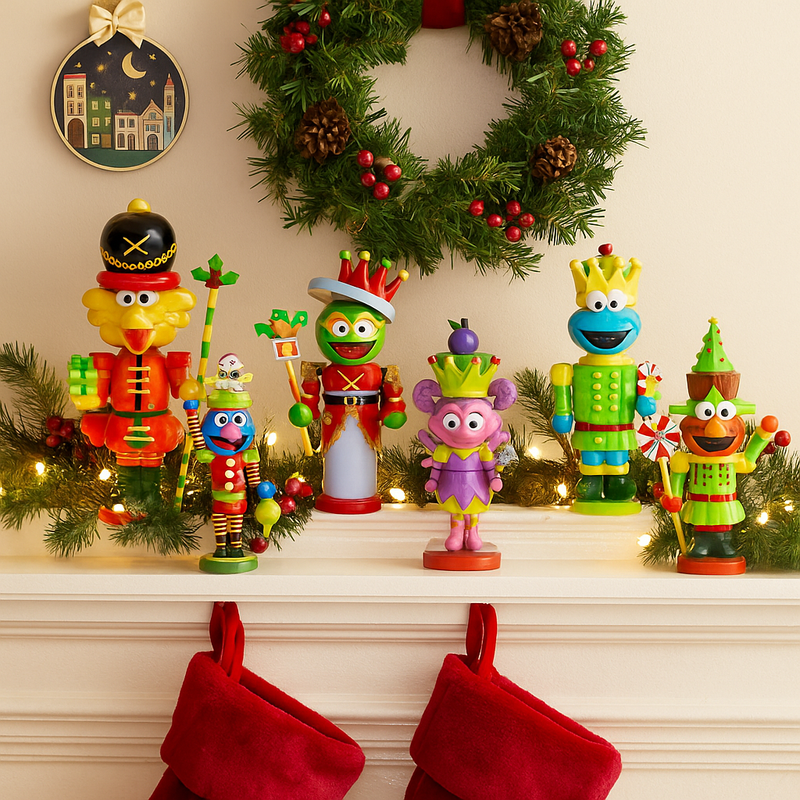 Assorted Sesame Street hanging Christmas ornaments featuring Elmo, Cookie Monster, Big Bird, and other colorful characters.